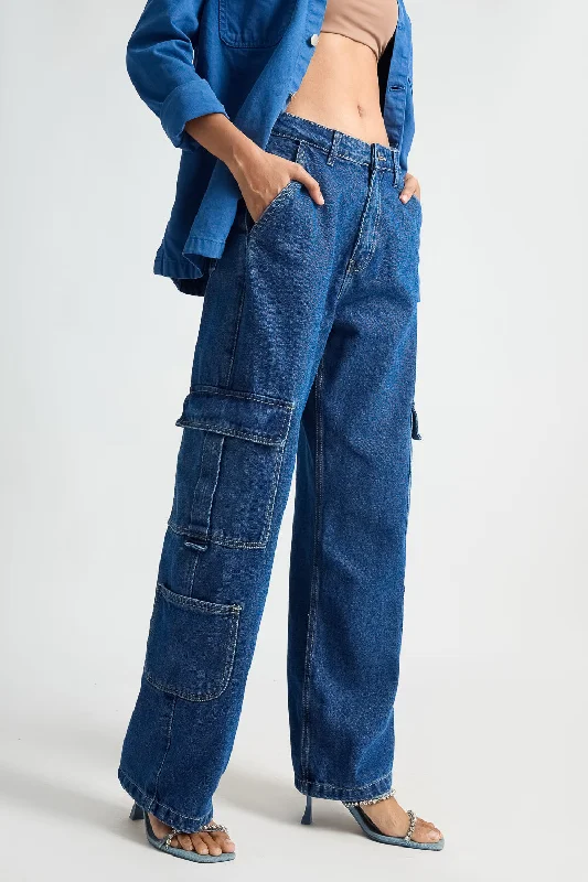 Indigo Blue Utility Pocket Cargo Denim Jeans