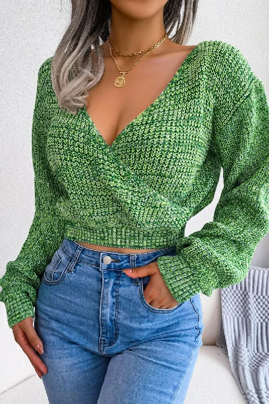 WOMEN SEXY V NECK KNITTED CROP WRAP SWEATSHIRT