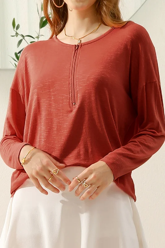 ZIP-UP R NECK LONG SLEEVE SLUB TUNIC TOP