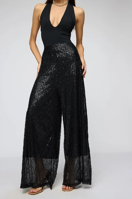 Shimmering Noir Sequin Flare Fit Korean Pants