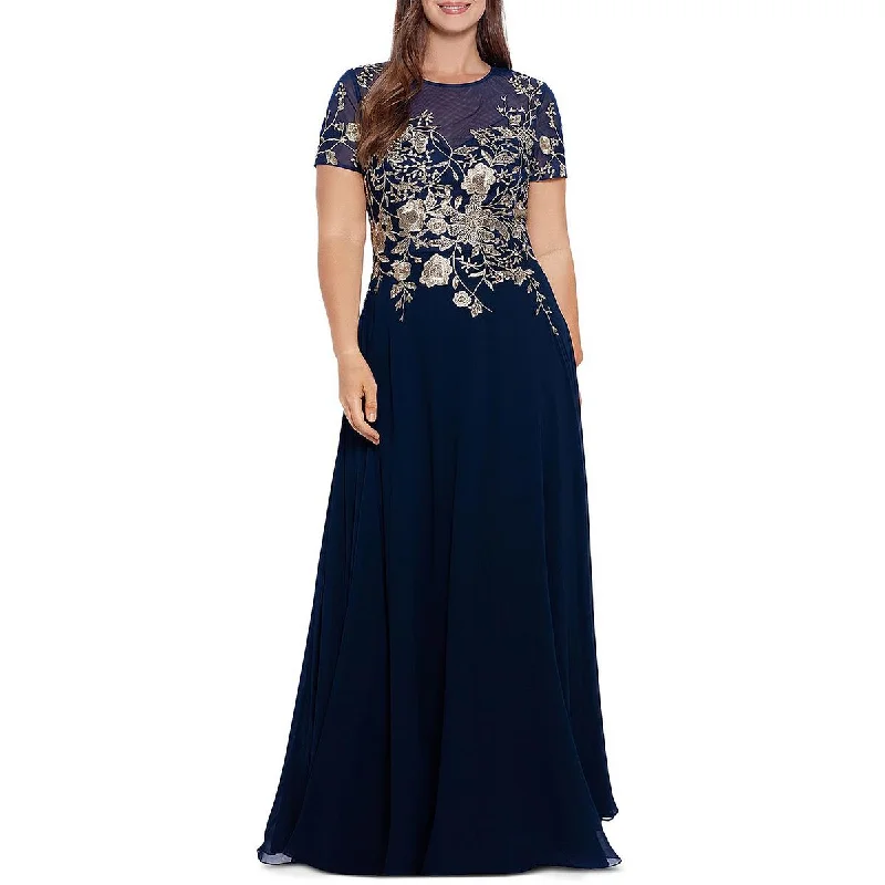 Betsy & Adam Womens Plus Mesh Embroidered Evening Dress