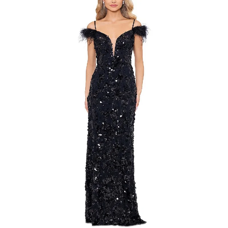 Betsy & Adam Womens Sequined Feather Trim Evening Dress