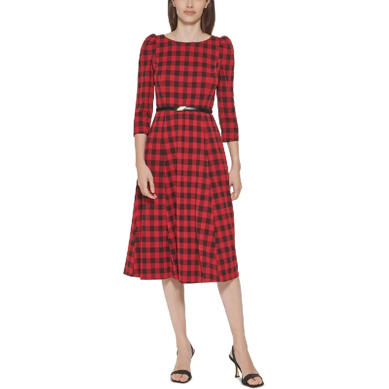 Calvin Klein Womens Crepe Buffalo Checkered Midi Dress