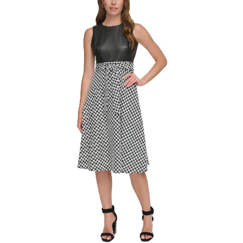 Calvin Klein Womens Petites Faux Leather Houndstooth Midi Dress