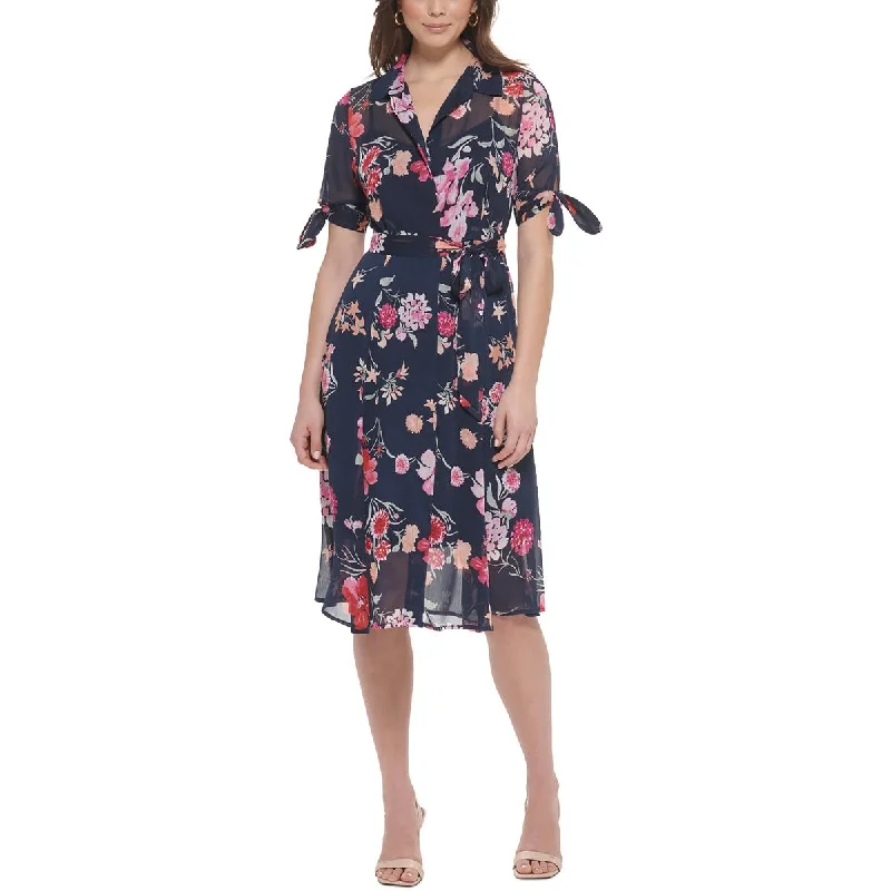 Calvin Klein Womens Petites Floral Print Chiffon Midi Dress