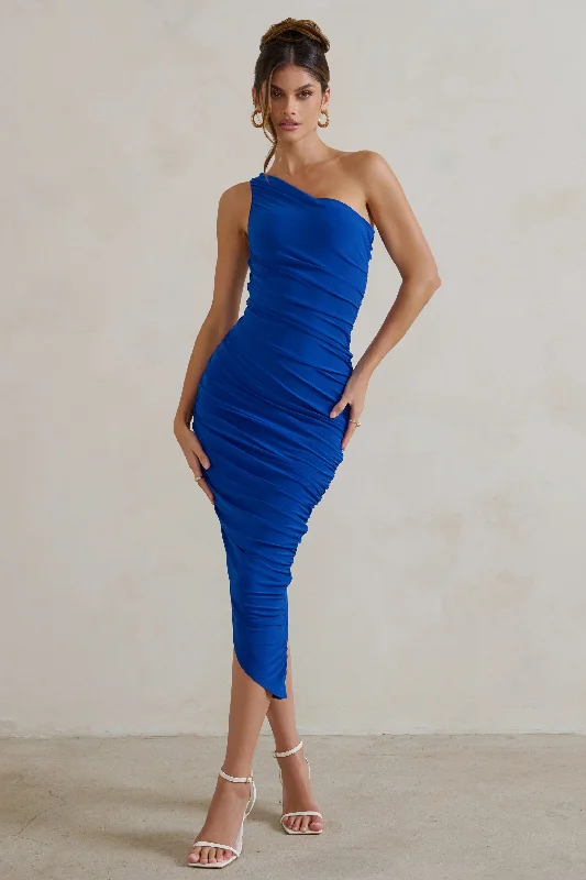 Dorit | Cobalt Blue One Shoulder Asymmetric Ruched Midi Dress