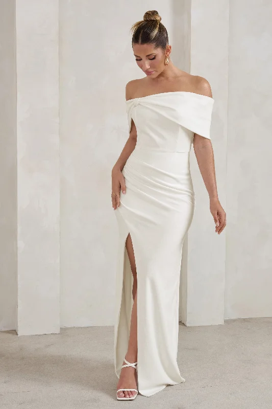 Eva | White Bardot Bow Detail Maxi Dress With Thigh Split