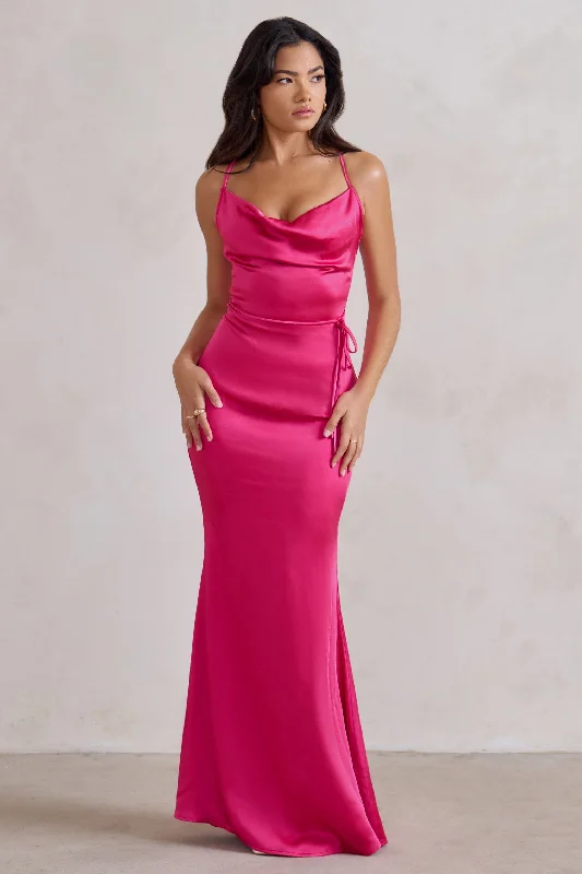 Lifetime | Fuchsia Pink Satin Cowl Neck Maxi Dress With Cross Back Detail